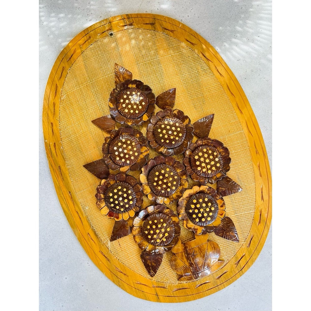 Vintage Boho Coconut Shell Flower Floral Wall Hanging Retro 70s Decor